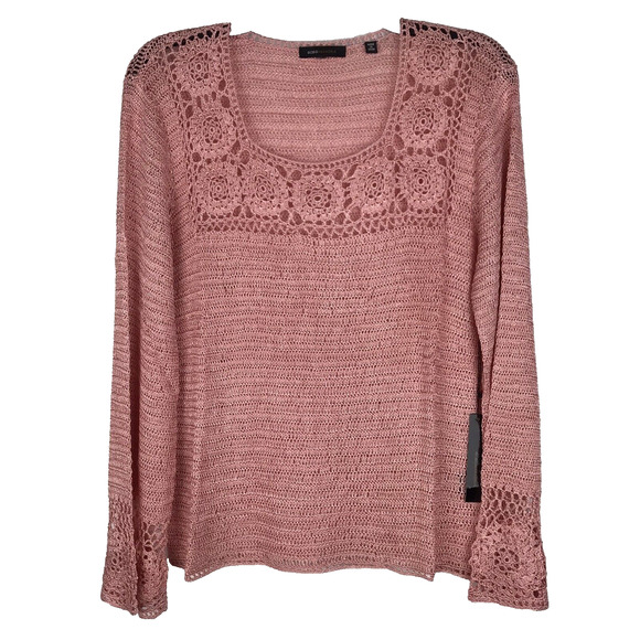 BCBG Max Azria Pink Sweater Crochet Knit Floral Long Sleeve Square Neck Medium - Picture 1 of 10